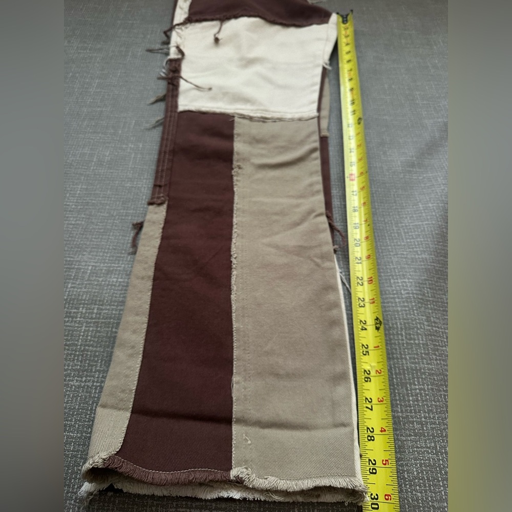 Patchwork Boyfriend Pants Brown Tan Cream Distressed Raw Edge Y2K Grunge Sz W 30 - Picture 14 of 16